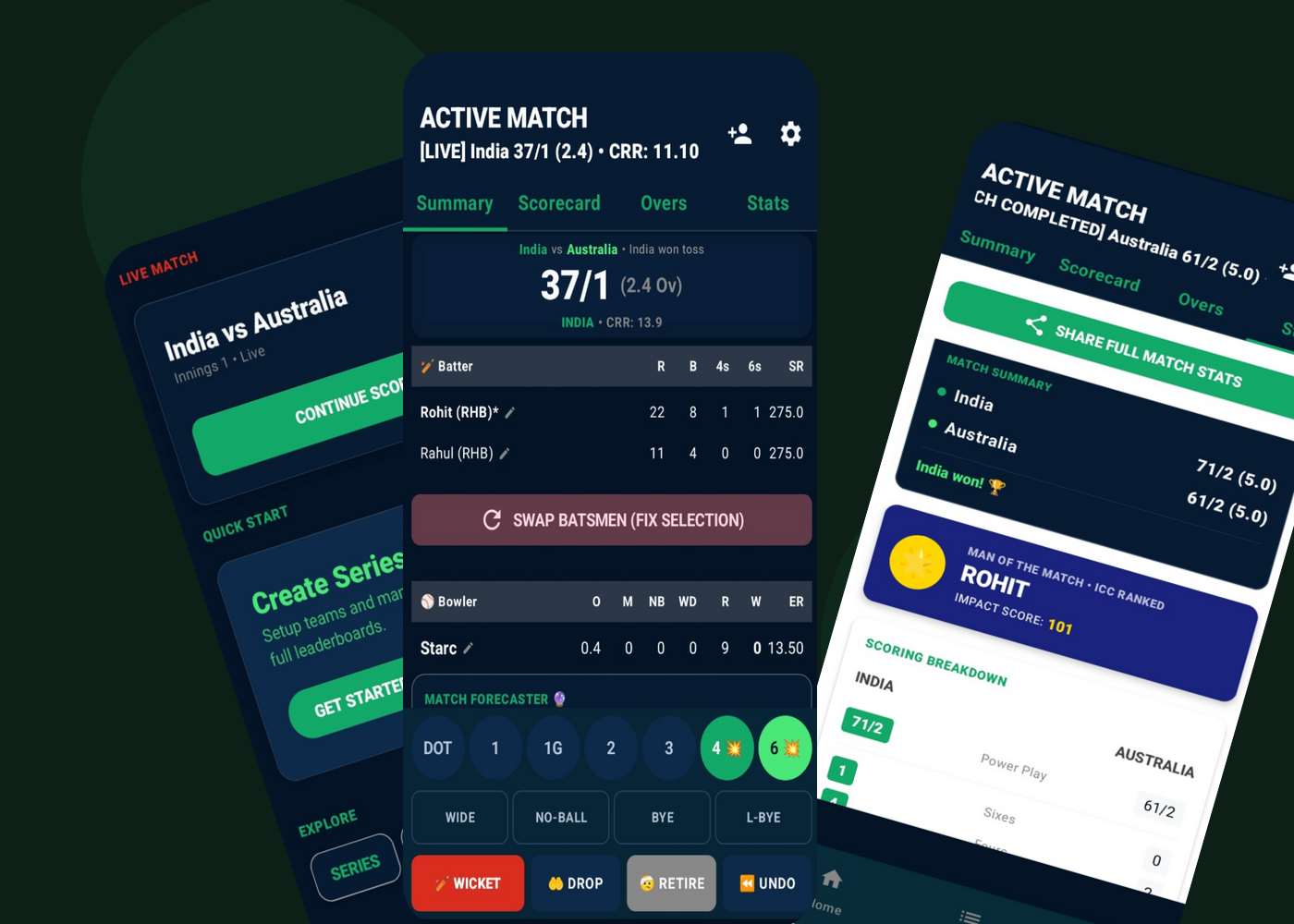 CricLeague live scoring screen